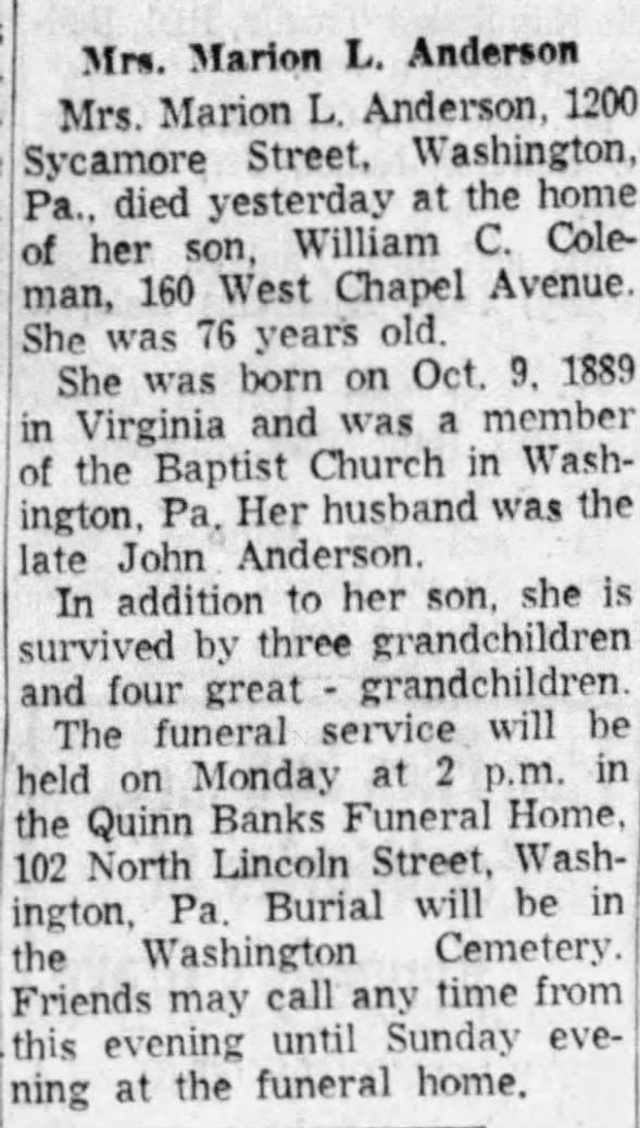 Obituary for Marion L. Anderson (Aged 76)